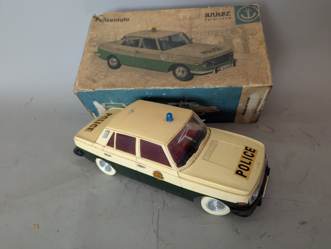 Anker Spielzeug Wartburg 353 Polizeiauto Vintage Toy Car with Original Box: **Important** Please read below description on how to avoid high shipping costs. Explore this collectible Anker Spielzeug Wartburg 353 'Polizeiauto' toy car, complete with its original box. The