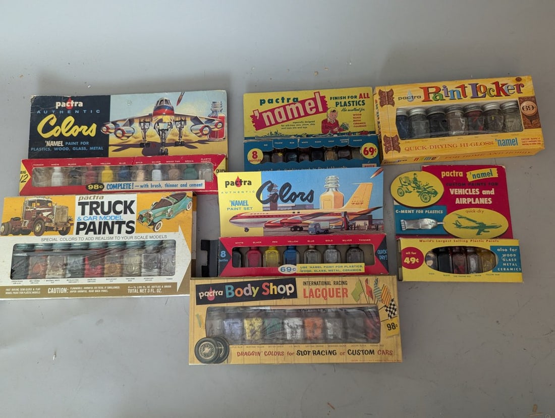 Vintage Pactra Hobby Paint Sets Lot of 7 Old Stock for Models and Collectors: **Important** Please read below description on how to avoid high shipping costs. Discover this remarkable Lot of 7 vintage Pactra hobby paint sets, all New Old Stock (NOS). Each set is a nostalgic pie