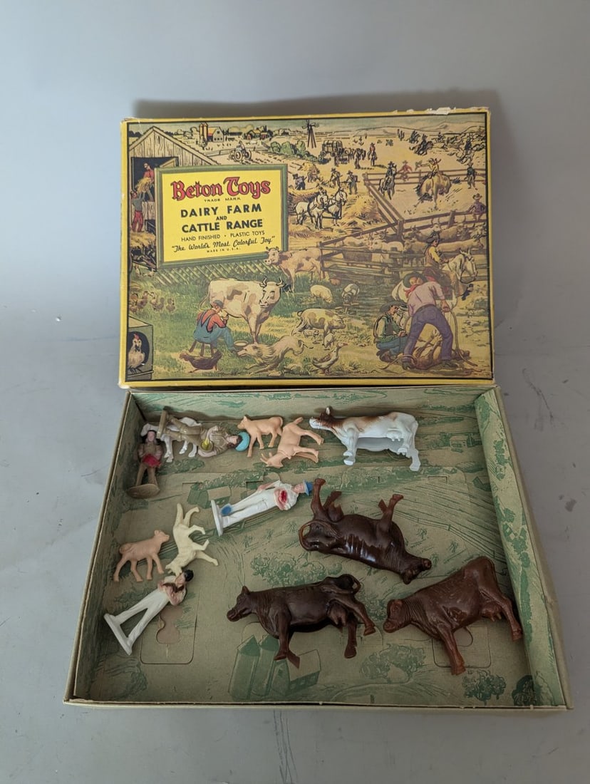 Beton Toys Dairy Farm Cattle Range Playset No. 171 Vintage Collectible Toy Figures: **Important** Please read below description on how to avoid high shipping costs. Discover a charming piece of nostalgia with the Beton Toys Dairy Farm and Cattle Range Playset No. 171. This new old