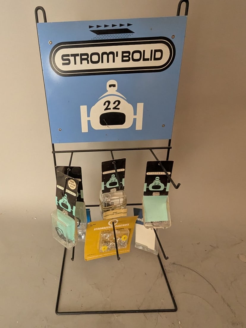 Vintage Strom'Bolid Slot Car Parts Display Rack with NOS Parts by Strombecker: **Important** Please read below description on how to avoid high shipping costs. Up for auction is a rare 1960s Vintage Strom'Bolid / Strombecker Slot Car Parts Store Display Rack. This eye-catching p
