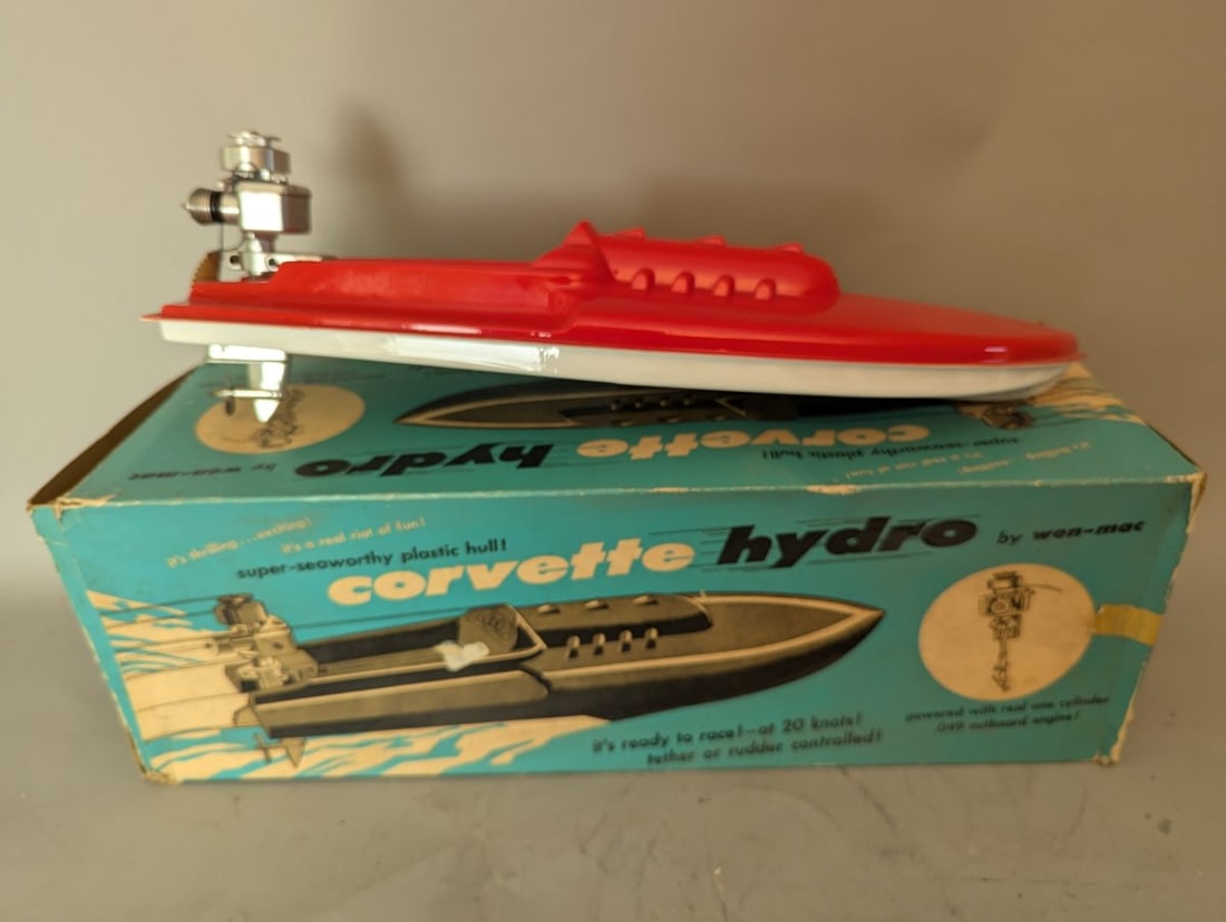 Vintage 1955 Wen-Mac Corvette Hydro Gas Powered Toy Boat with Original Box: **Important** Please read below description on how to avoid high shipping costs. Discover this stunning piece of history-a Vintage 1955 Wen-Mac Corvette Hydro gas-powered toy boat in New Old Stock
