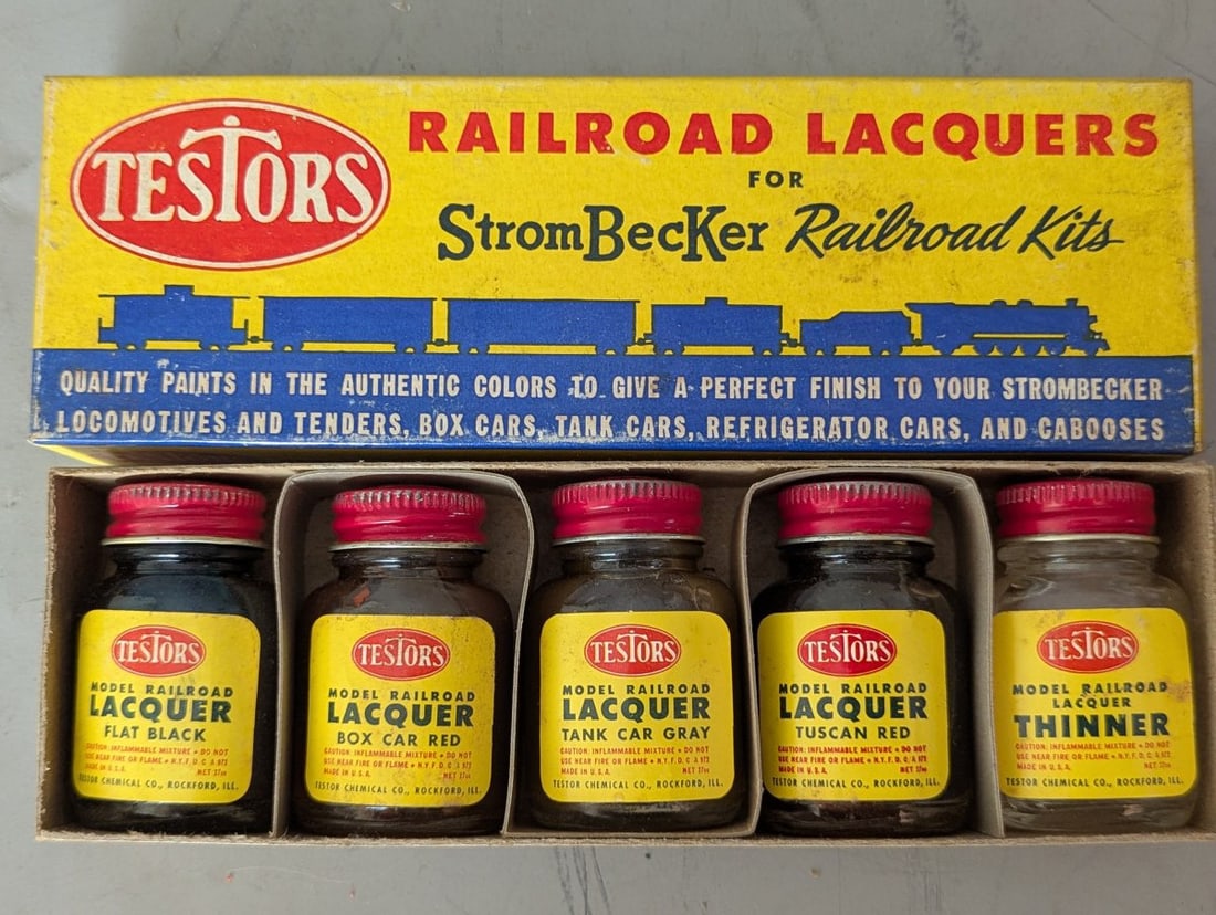Vintage Testors Railroad Lacquers Paint Set No. 15X for StromBecker Collectors: **Important** Please read below description on how to avoid high shipping costs. Presenting a New Old Stock Vintage Testors Railroad Lacquers Paint Set No. 15X, designed specifically for StromBecker k