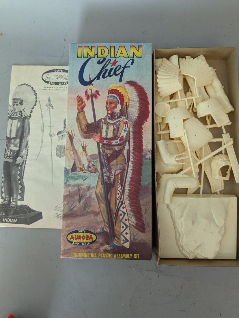 Aurora Indian Chief Figurine Plastic Assembly Kit 417-98 Vintage Model Unbuilt: **Important** Please read below description on how to avoid high shipping costs. Experience a piece of history with this Aurora 'Indian Chief' Figurine Plastic Assembly Kit (No. 417-98). This kit, con