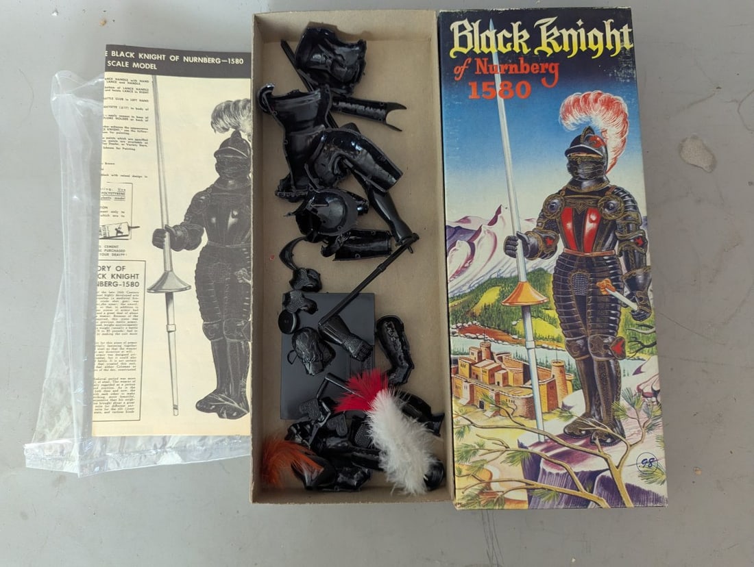 Vintage Aurora Black Knight of Nurnberg 1580 Model Kit K3-98 Unbuilt NOS Classic Fighter: **Important** Please read below description on how to avoid high shipping costs. Discover this Vintage Aurora 'Black Knight of Nurnberg 1580' Model Kit (No. K3-98), a rare find from the popular
