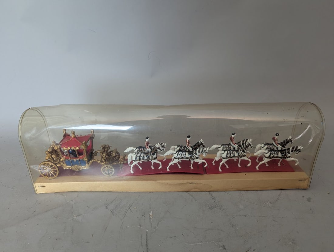 Vintage Miniature British Gold State Coach Diorama with Horses and Display Case: **Important** Please read below description on how to avoid high shipping costs. Experience a piece of history with this Vintage Miniature British Gold State Coach Diorama. Measuring 5 high x 16 1/2