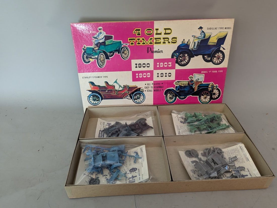 Vintage Premier 4 Old Timers Model Car Kit Set No. 298 Unbuilt Collectible: **Important** Please read below description on how to avoid high shipping costs. Introducing the Vintage Premier '4 Old Timers' Model Car Kit Set (No. 298), a must-have for collectors and model enthus