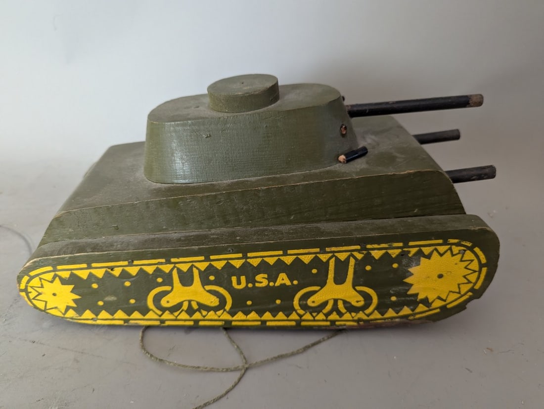 Vintage ND Cass Wooden Pull Toy Tank Military Collectible Unique Broken Cannon - 5