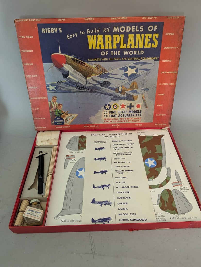 Rigby's Easy to Build Kit Models of Warplanes of the World Vintage WWII Model Kit: **Important** Please read below description on how to avoid high shipping costs. This is a vintage 1940s-era Rigby's Easy to Build Kit Models of Warplanes of the World. New old stock with dimensions o