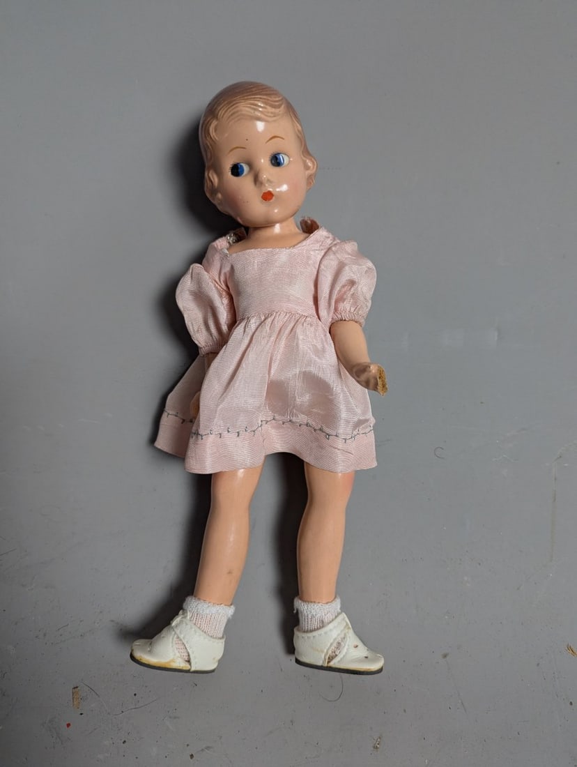 Vintage Composition Dolls Collection Effanbee Plaid Polka Dot Pink Dress Antique - 3