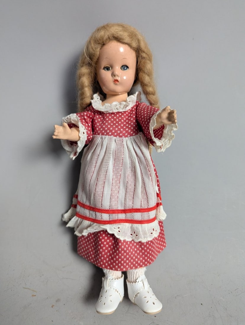 Vintage Composition Dolls Collection Effanbee Plaid Polka Dot Pink Dress Antique - 5
