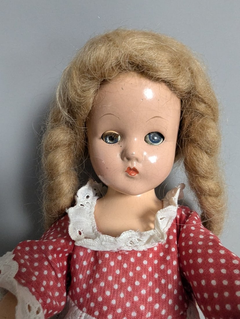 Vintage Composition Dolls Collection Effanbee Plaid Polka Dot Pink Dress Antique - 6