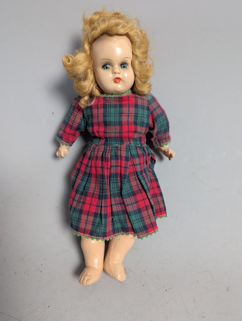 Vintage Composition Dolls Collection Effanbee Plaid Polka Dot Pink Dress Antique - 9