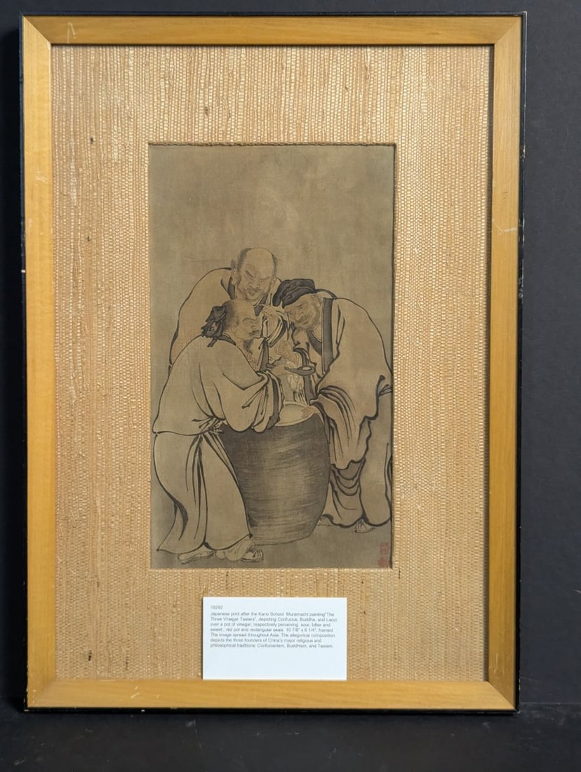Japanese Woodblock Print 'The Three Vinegar Tasters' after Kano School Artist Biography: This Japanese woodblock print titled 'The Three Vinegar Tasters', measuring 12 x 17 inches with an image size of 10 1/2 x 6 inches, represents an allegorical theme in East Asian art, illustrating the