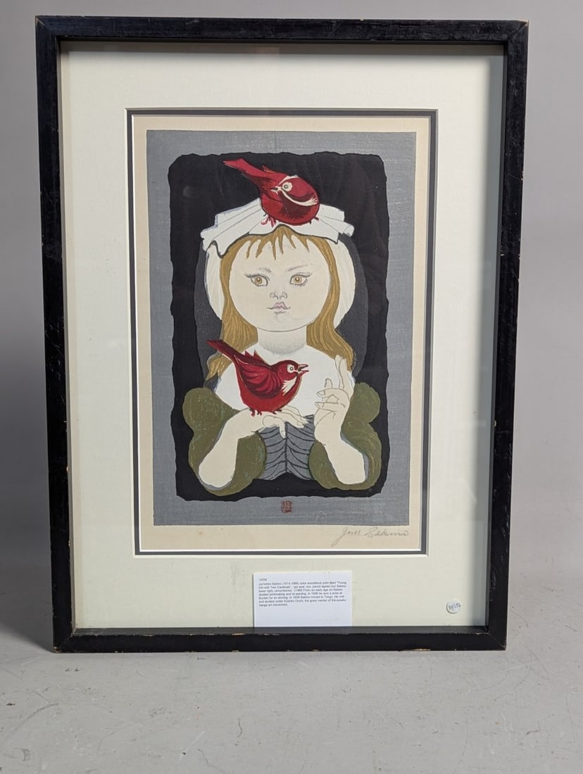 Jun'ichiro Sekino 'Young Girl with Two Cardinals' Japanese Woodblock Print: This exquisite woodblock print by Jun'ichiro Sekino, titled 'Young Girl with Two Cardinals', measures 16 x 21 1/2 inches including the frame, while the image dimensions are 10 x 15 inches. Signature i