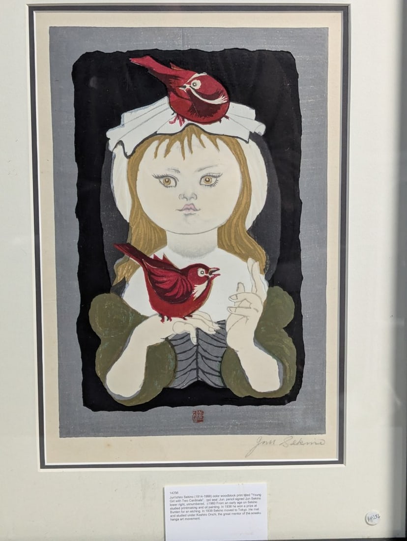 Jun'ichiro Sekino 'Young Girl with Two Cardinals' Japanese Woodblock Print - 2