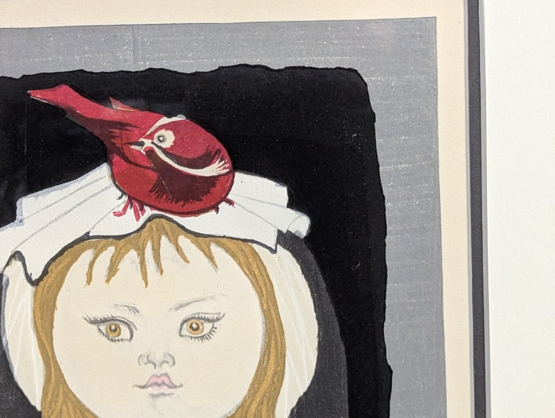 Jun'ichiro Sekino 'Young Girl with Two Cardinals' Japanese Woodblock Print - 4