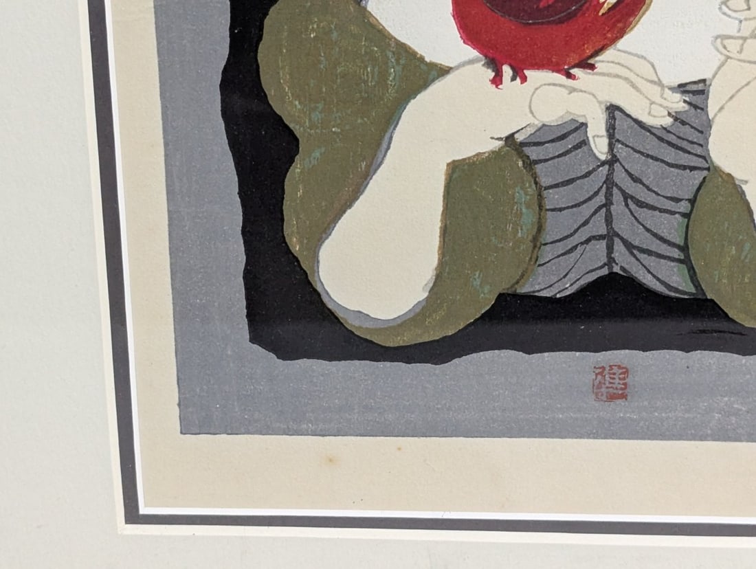 Jun'ichiro Sekino 'Young Girl with Two Cardinals' Japanese Woodblock Print - 7