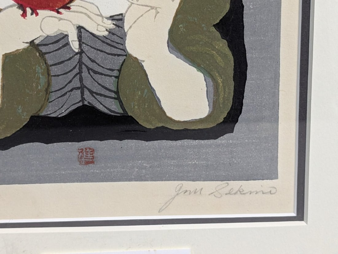 Jun'ichiro Sekino 'Young Girl with Two Cardinals' Japanese Woodblock Print - 8