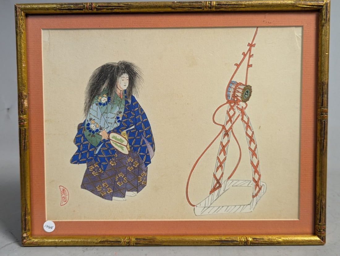 Tsukioka Kogyo Japanese Woodblock Print of a Noh Drama Scene: Experience the elegance of Japanese art with this exquisite woodblock print by Tsukioka KÅgyo, a prominent figure in the Meiji period. Tsukioka KÅgyo, born Sakamaki Hachisabur