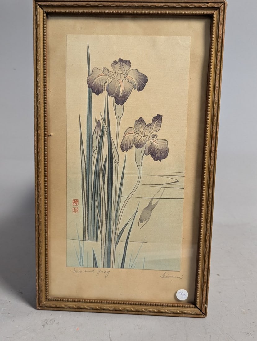 Imao Keinen Japanese Woodblock Print 'Iris and Frog' from Keinen Kacho Gafu: This exquisite original woodblock print by the renowned Meiji-era artist Imao Keinen features the stunning 'Iris and Frog' motif from the celebrated series 'Keinen KachÅ Gafu', published in