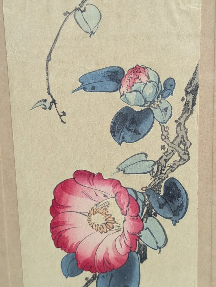 Yoshimoto Gesso Bird on Camellia Japanese Woodblock Print Shin-Hanga Art - 3