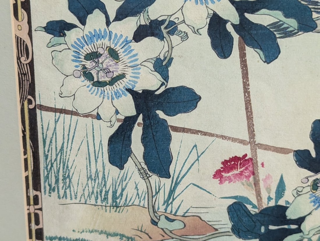 Kono Bairei Japanese Woodblock Print Passion Flower and Grosbeak - 5