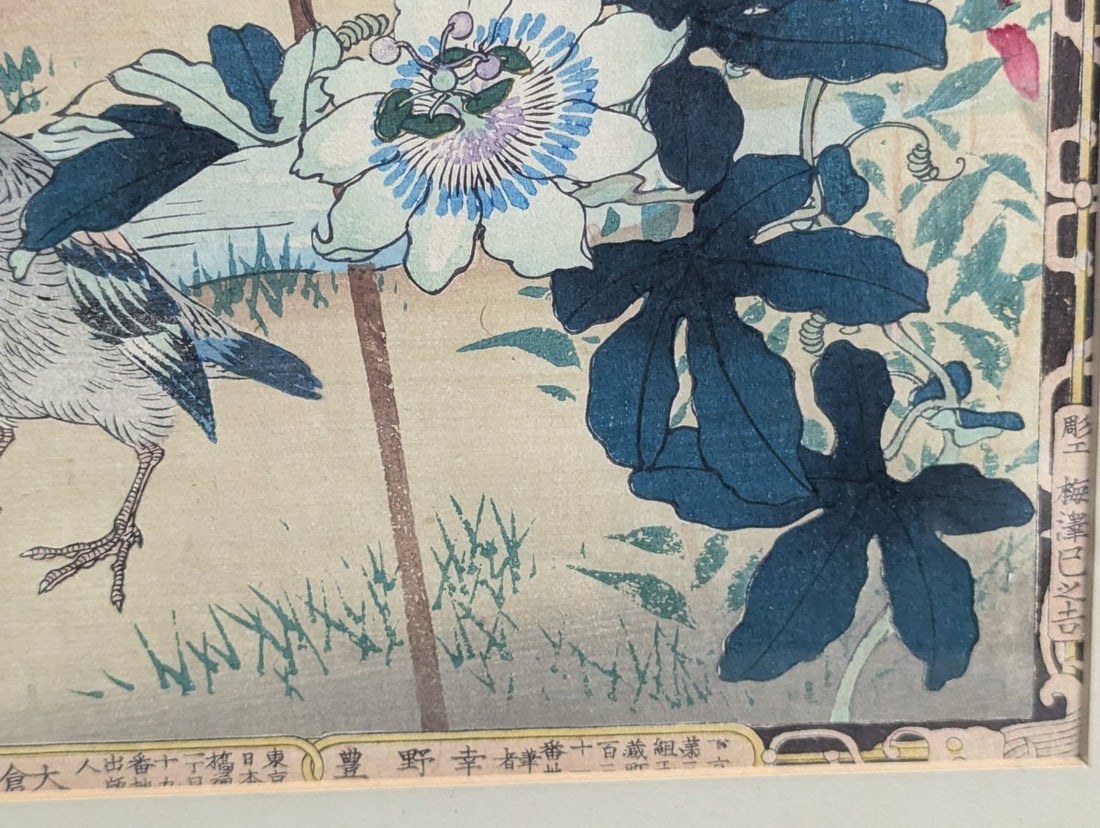 Kono Bairei Japanese Woodblock Print Passion Flower and Grosbeak - 8