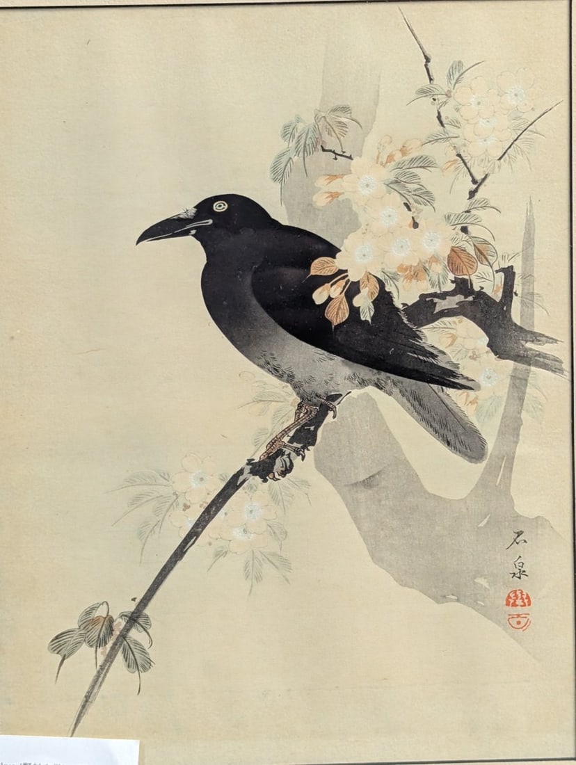 Japanese Woodblock Print by Nomura Bunkyo (Sekisen), Crow on a Flowering Branch - 2