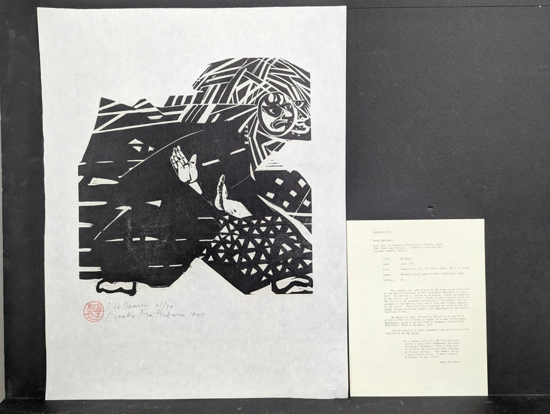 Naoko Matsubara No Dancer Japanese Woodblock Print with Original Documentation: Presenting a stunning woodblock print titled 'NÅ Dancer' by esteemed artist Naoko Matsubara (b. 1937), renowned within the SÅsaku-hanga movement. This hand-numbered limited
