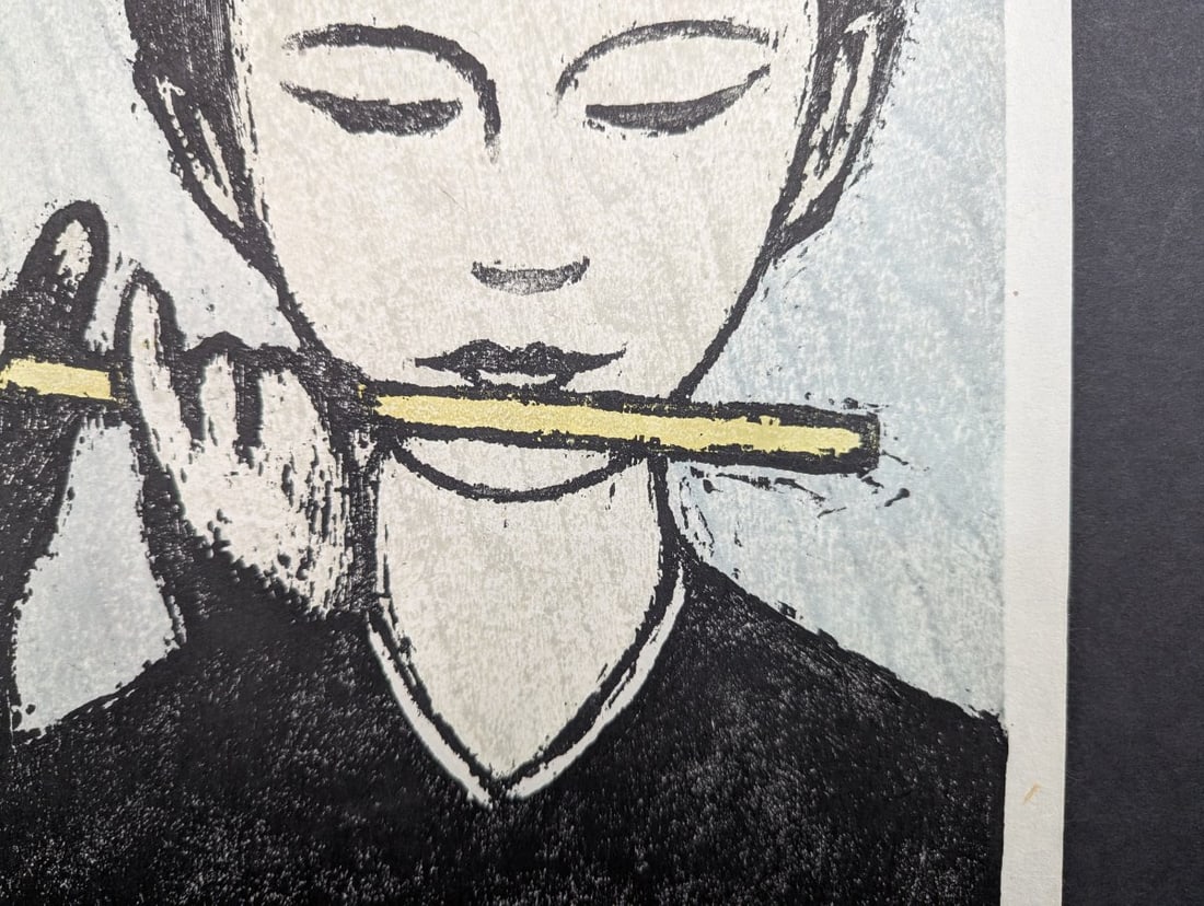 Masaharu Enomoto Flute Player Japanese Woodblock Print Limited Edition 10/50 - 7