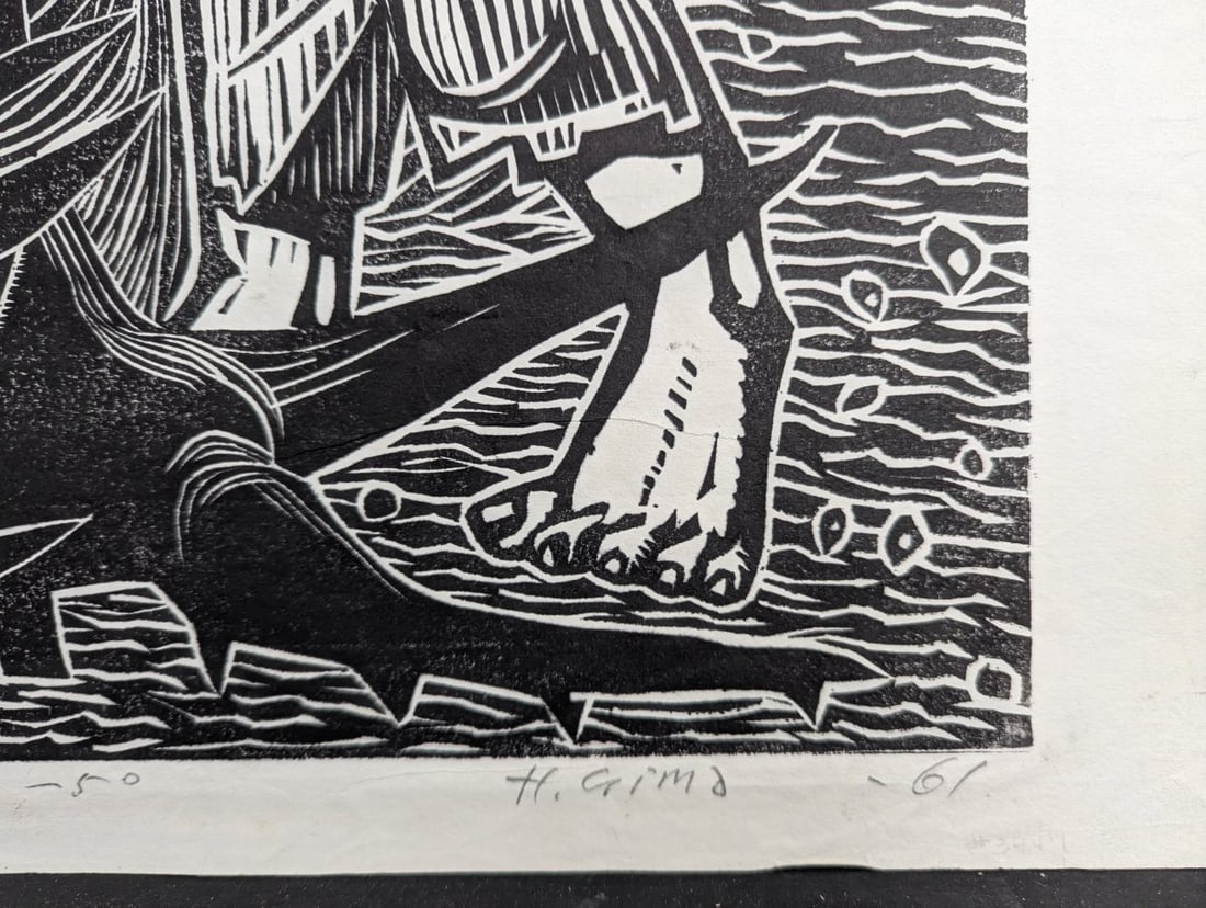 Hatsuko Gima Japanese Woodblock Print Untitled Farmer Fisherman 1961 Edition 8/50 - 9