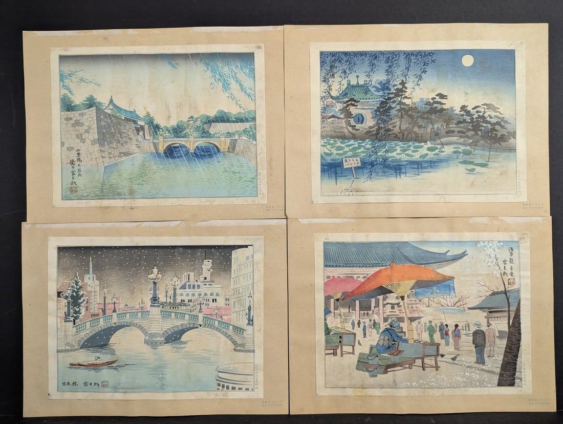 Japanese Woodblock Print Set by Tokuriki Tomikichiro - Four Seasons of Tokyo: This is a complete set of four Japanese woodblock prints from the 'Four Seasons of Tokyo' series by the renowned artist Tokuriki TomikichirÅ, published by Uchida Art Co. Each print captures
