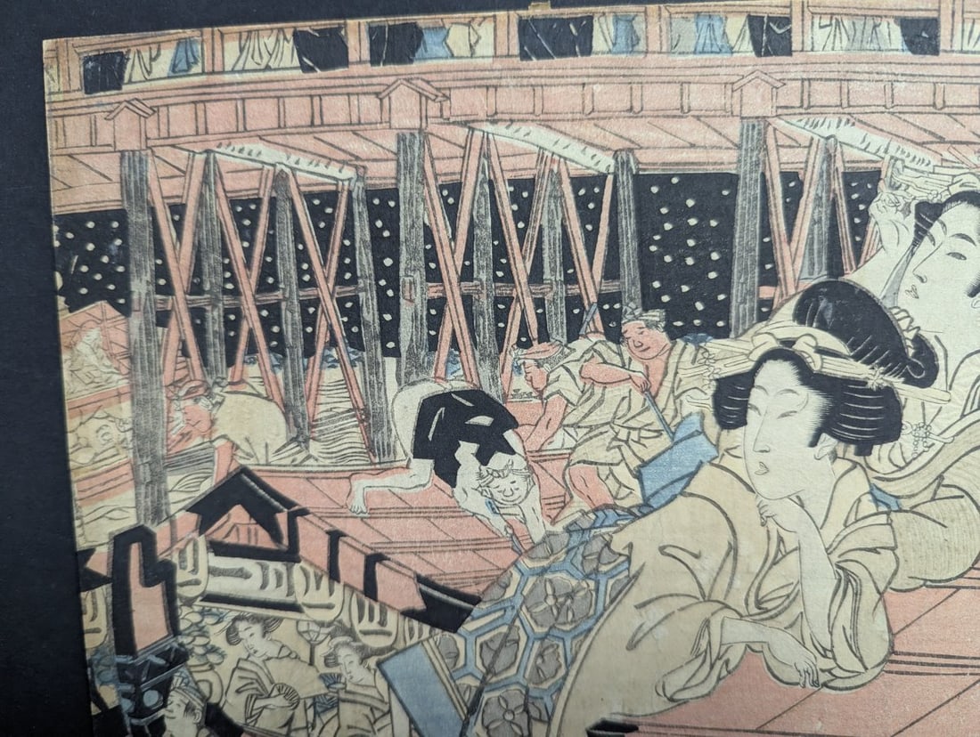 Kikukawa Eizan Original 19th Century Japanese Woodblock Print, Enjoying the Evening Cool - 2
