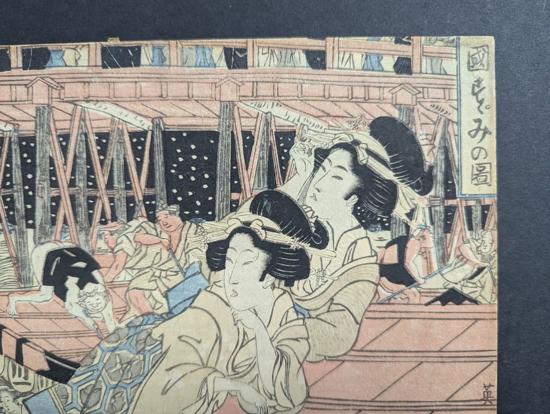 Kikukawa Eizan Original 19th Century Japanese Woodblock Print, Enjoying the Evening Cool - 3