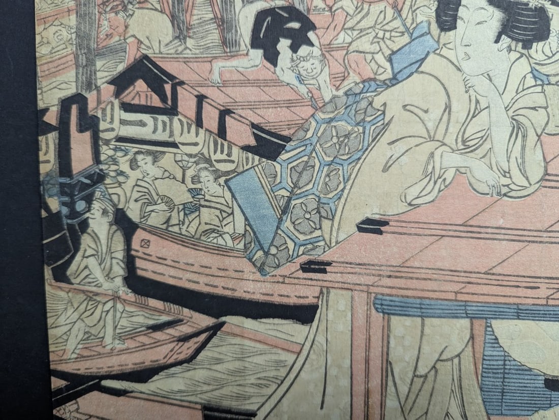 Kikukawa Eizan Original 19th Century Japanese Woodblock Print, Enjoying the Evening Cool - 4