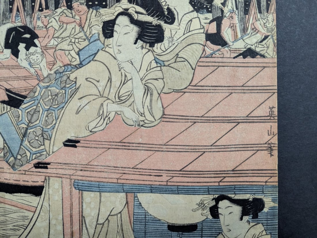 Kikukawa Eizan Original 19th Century Japanese Woodblock Print, Enjoying the Evening Cool - 5