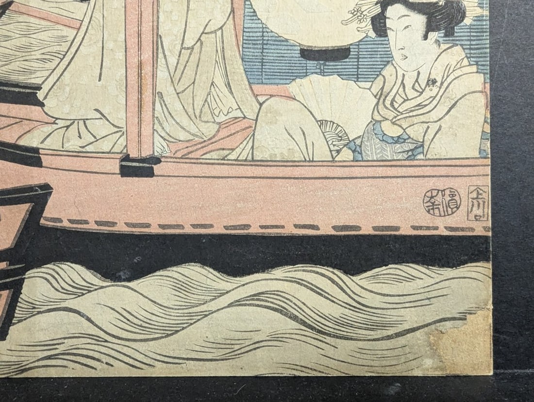 Kikukawa Eizan Original 19th Century Japanese Woodblock Print, Enjoying the Evening Cool - 7