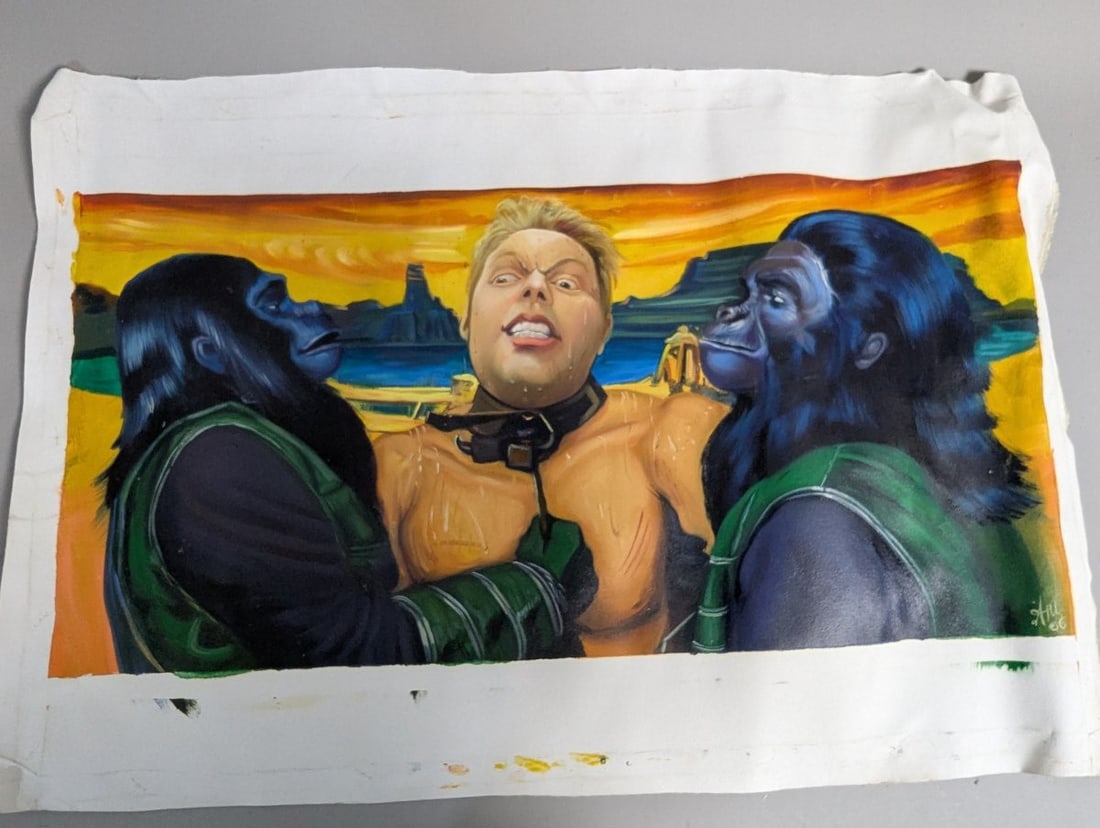 Original Planet of the Apes Themed Oil Painting on Canvas by J.H.: **Important** Please read below description on how to avoid high shipping costs. Dive into the intriguing world of 'Planet of the Apes' with this striking oil painting on canvas measuring 33 x 22
