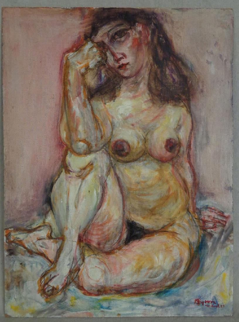 Byron Randall (1918-1999) Female Nude Painting: Oil on masonite panel. Signed Byron, dated '57, and "Montreal" in red lower right with pen written "Randall" above. Pen written "22" within circle to reverse. Byron Randall founded both the Artist's G