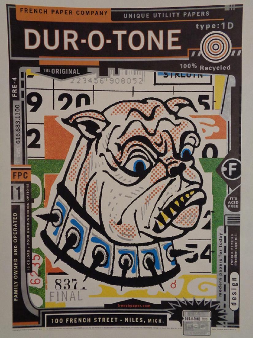 Charles Anderson Poster for French Paper Company: Swatch Book Book Series. Dur-o-tone, Unique Utility Papers, type:1D. Bulldog design. Excellent condition. 25.25" x 18.5"