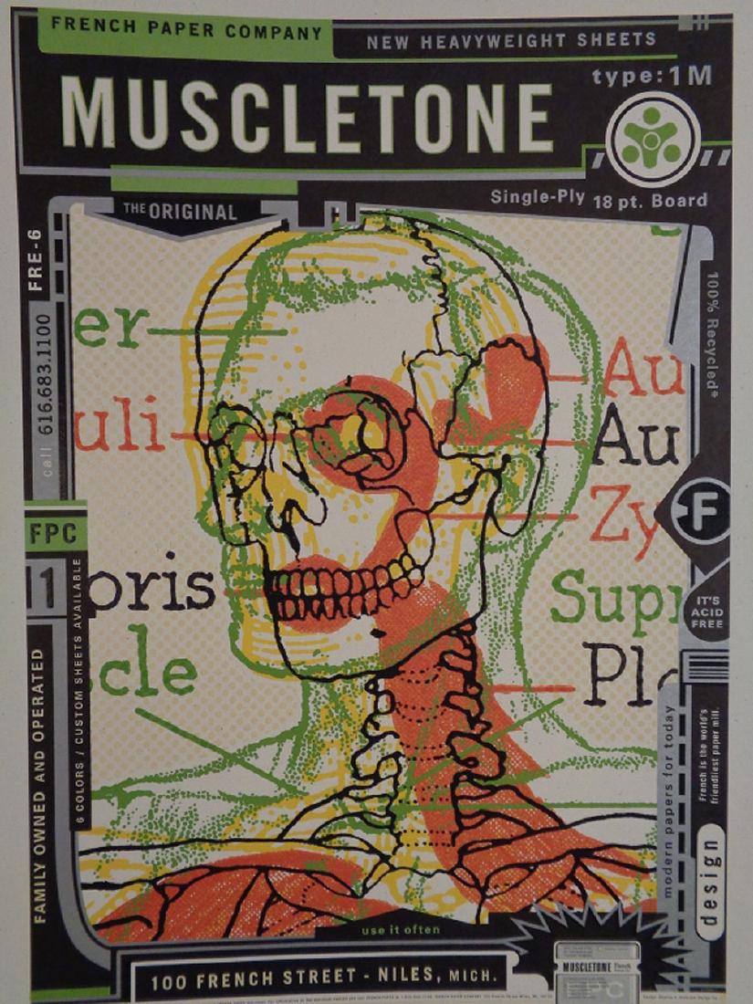 Charles Anderson Poster for French Paper Company: Swatch Book Poster Series. Muscletone, New Heavyweight Sheets, type:1M. Skull / skeleton design. Excellent condition. 25.25" x 18.5"