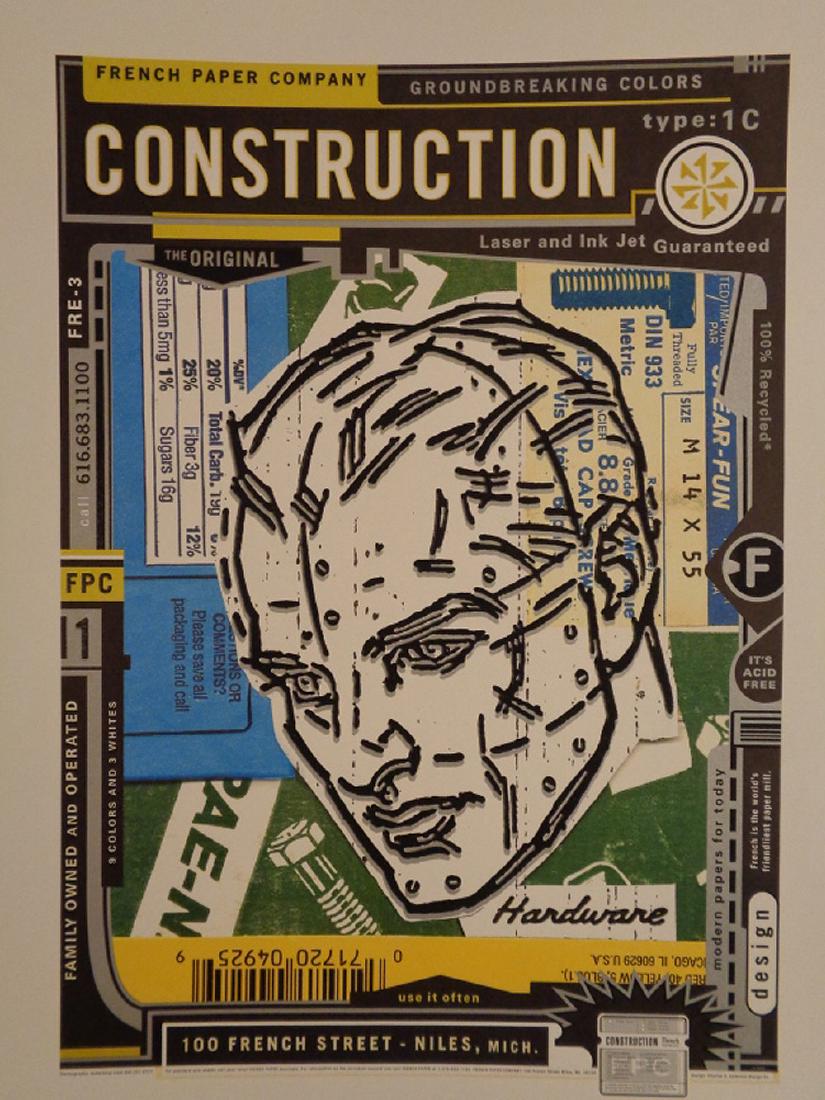 Charles Anderson Poster for French Paper Company: Swatch Book Book Series. Construction, Ground Breaking Colors, type:1C. Abstract male head with screws. Excellent condition. 25.25" x 18.5"