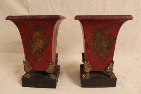 Pair Antique Tole Painted Urn Holders: Galvanized metal with original painted surface and classical gilt transfer decorations.. Excellent condition with minor paint loss, aging, etc. Circa 19th C. 9" H