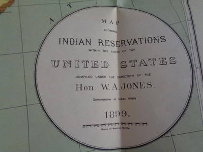 1899 Jones Map U.S. Indian Reservations: "Map showing Indian Reservations within the limits of the United States compiled under the direction of the Hon. W. A. Jones Commissioner of Indian Affairs 1899". Includes inset maps of Alaska, Califo