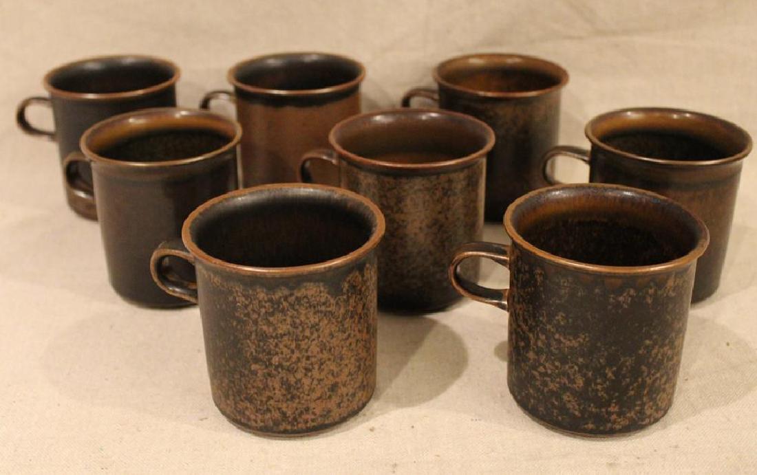 Arabia Finland Ruska Coffee Mugs Set 8: Designed by Ulla Procope in mottled brown glaze. All excellent condition. 3 1/2" H x 3 3/8" dia.