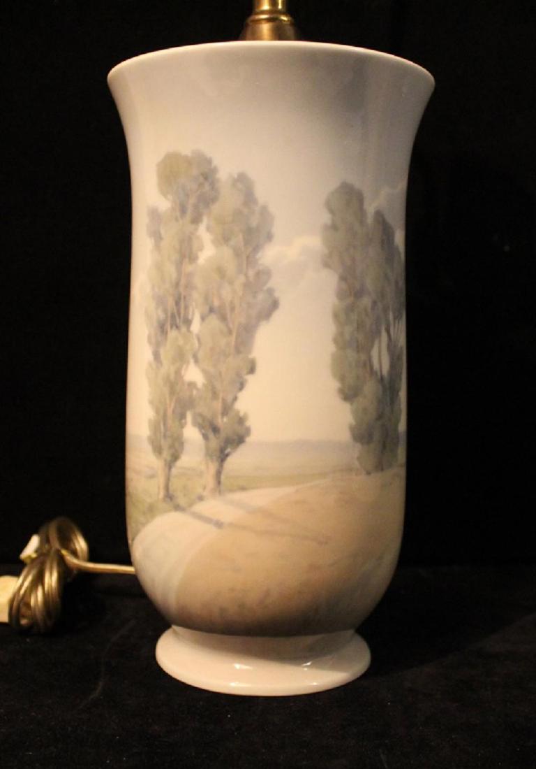 Bing & Grondahl Art Nouveau Vase Lamp 8789/504: Landscape scene with road and trees. Artist signature initials "A S". Green mark with blue B&G to base. Excellent condition. 9 5/8" H x 5 1/2 " dia. approx.