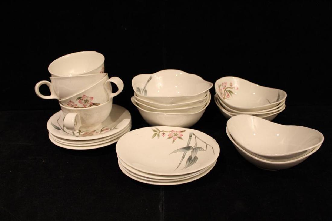 Eva Zeisel Hallcraft Peach Blossom Dinnerware: Includes 4 cups, 4 saucers, 4 bread & butter plates, 4 coupe cereal bowls, 4 fruit/ berry/ dessert bowls. All in excellent like new condition. Lot includes 2 plain white glaze fruit/ berry/ dessert bo