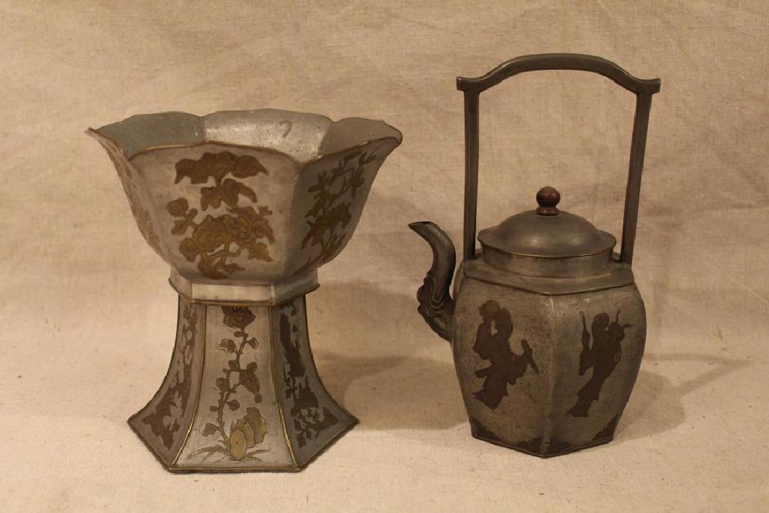 Antique Chinese Pewter / Brass Teapot & Bowl (1 of 6)