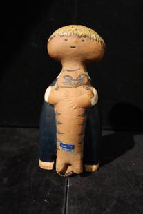 Lisa Larson Gustavsberg Sweden Pelle Figure: Pelle boy with cat glazed pottery figurine. Original foil Gustavsburg Lisa Larson label. Pelle Sweden L. L. mark to bottom. Excellent condition. 8.75" H