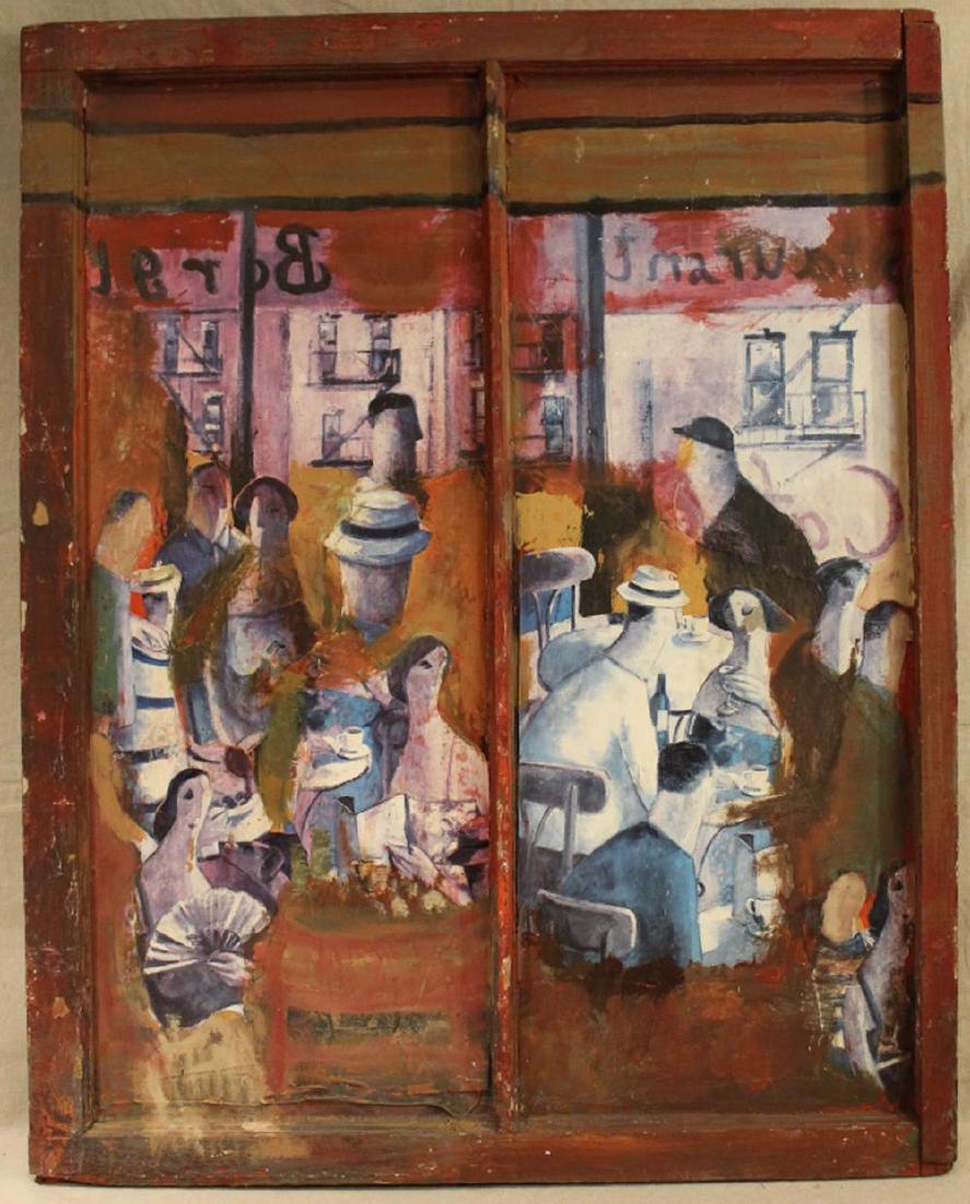 Outsider Style Art Painted Panels in Window: Double/ diptych abstract figural bistro / cafe scene painted on MDF panels. Inset into an antique pine window frame. No apparent signature. 42" x 33.25"